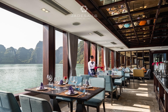 Careful preparation for lunch for tourists on boat 